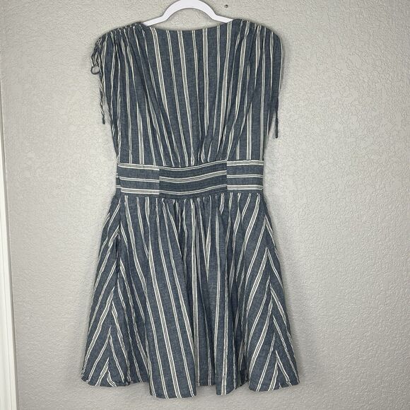 Free People Size L Roll the Dice Blue White Stripe Linen Blend Open V neck Dress - Picture 3 of 5